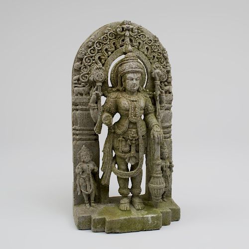South India Chloritic Schist Model of Vishnu and Consorts, Karnataka, Hoysala Dynasty
