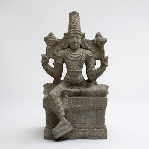 Indian Grey Granite Figure of a Seated Vishnu