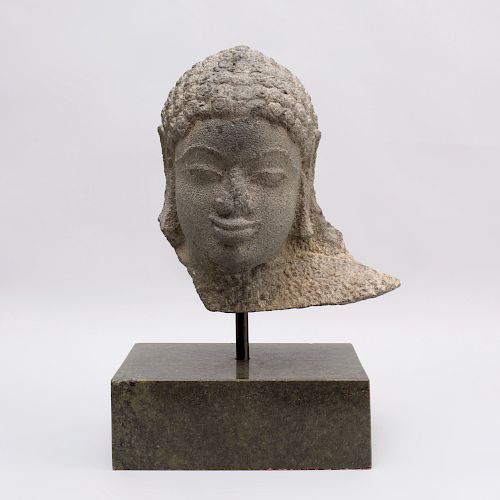 Indian Carved Grey Schist Fragmentary Head of Jina