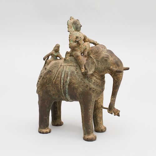 Indian Bronze Figure of a Mahout Astride an Elephant