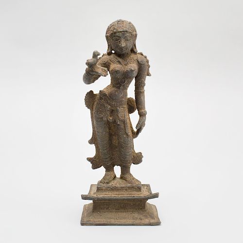 Indian Bronze Figure of a Maiden with a Parrot