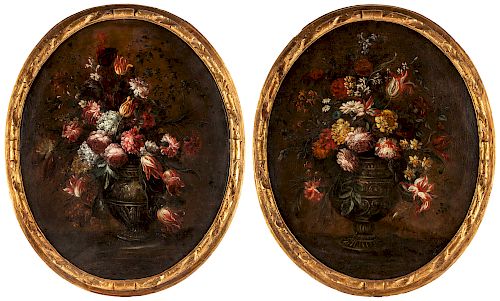 A PAIR OF 18TH CENTURY STILL LIVES WITH PARROT TULIPS, HONEYSUCKLES AND OTHER FLOWERS IN THE MANNER OF PIETER CASTEELS III (FLEMISH 1684-1749)