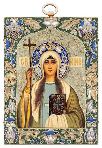 A FABERGE SILVER AND SHADED CLOISONNE ENAMEL ICON OF SAINT NINO, WORKMASTER FEODOR RUCKERT, MOSCOW, 1908-1917