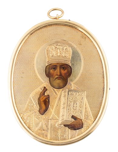 A RUSSIAN TRAVELING ICON OF ST. NICHOLAS THE WONDERWORKER WITH GILT SILVER OKLAD, WORKMASTER A. TOBINKOV, ST. PETERSBURG, 1870-1872