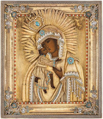A RUSSIAN ICON OF THE FEODOROVSKAYA MOTHER OF GOD WITH GILT SILVER, PEARL AND HARDSTONE OKLAD, WORKMASTER PAVEL OVCHINNIKOV, MOSCOW, 1895