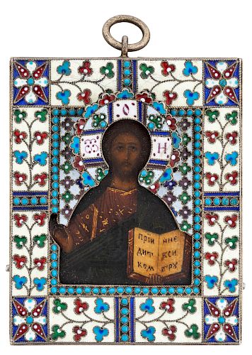 A RUSSIAN MINIATURE ICON OF CHRIST PANTOCRATOR WITH SILVER AND CLOISONNE ENAMEL OKLAD, MOSCOW, 1908-1917