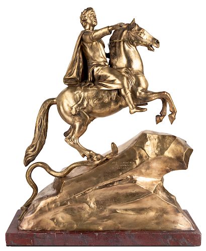 AN ORIGINAL 19TH CENTURY CASTING OF THE BRONZE HORSEMAN AFTER ETIENNE MAURICE FALCONET (FRENCH 1716-1791) 