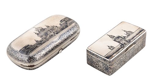 A PAIR OF RUSSIAN SILVER AND NIELLO SNUFF BOXES, WORKMASTER KHLEBNIKOV, MOSCOW, 1882, THE OTHER OVCHINNIKOV, MOSCOW, 1888