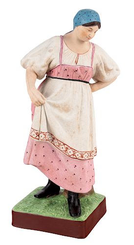 A RUSSIAN PORCELAIN FIGURE OF A DANCING PEASANT WOMAN, GARDNER PORCELAIN FACTORY, MOSCOW, MID-LATE 19TH CENTURY
