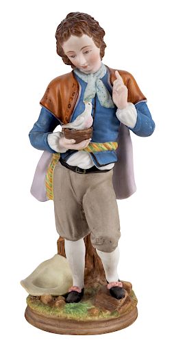 A LARGE RUSSIAN PORCELAIN FIGURE OF A BOY WITH A DOVE, GARDNER PORCELAIN FACTORY, MOSCOW, 1880S