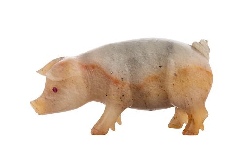 A FABERGE-STYLE RUSSIAN HARDSTONE MODEL OF A PIGLET