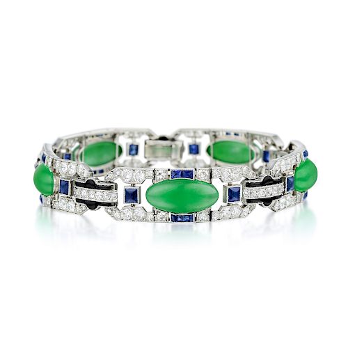 French Art Deco Jade Sapphire Onyx and Diamond Bracelet, by Georges Thibault