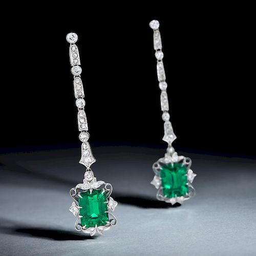 Art Deco 7.52-CTW No Oil Colombian Emerald and Diamond Drop Earrings