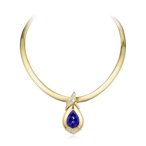A Large Pear-Shaped Tanzanite and Diamond Pendant Necklace
