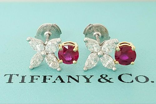 Tiffany & Co 18K Plat 1.90ct Diamond Red Ruby  Earrings