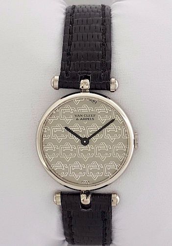 Van Cleef & Arpels 18K Watch Black Leather & Logo Dial