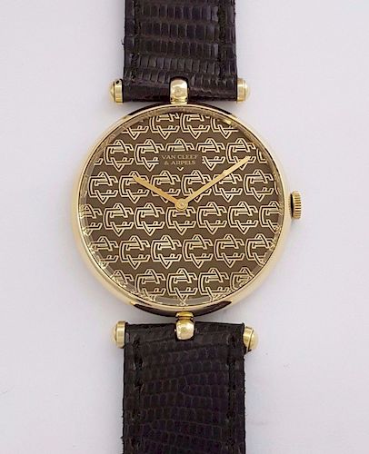 Van Cleef & Arpels 18K Watch Brown Leather & Logo Dial