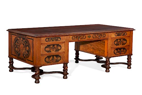 A William and Mary style marquetry partners  desk