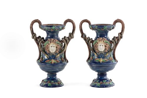 Pair French majolica Palissy style vases, Barbizet