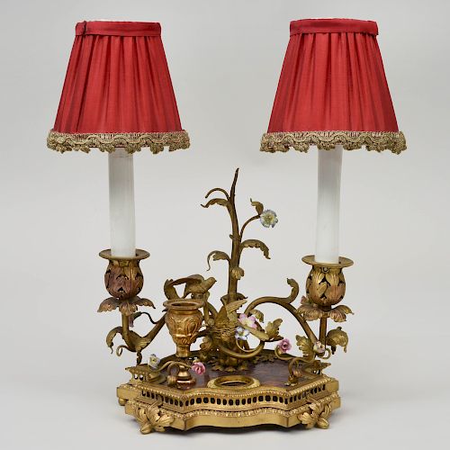 Louis XV Style Gilt-Bronze-Mounted Porcelain Encrier, fitted as a Two-Light Table Lamp