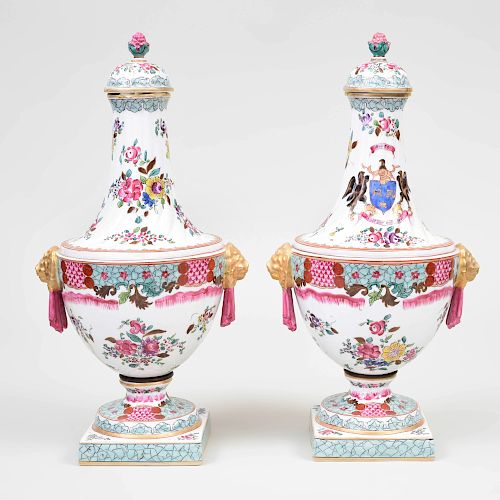 Pair of Samson Porcelain Chinese Export Style Armorial Vases and Covers