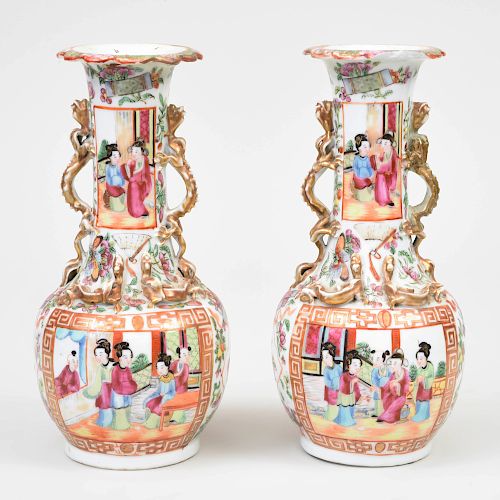 Pair of Chinese Rose Medallion Porcelain Bottle Vases