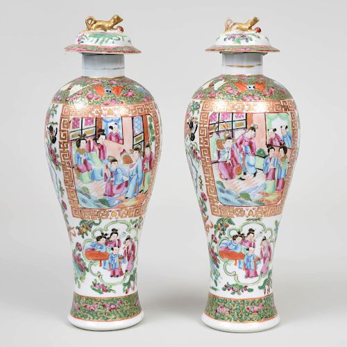 Pair of Chinese Export Rose Medallion Porcelain Vases and a Pair of Covers