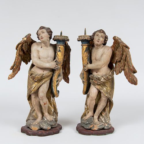 Pair of Italian Baroque Style Giltwood Angel Form Pricket Sticks