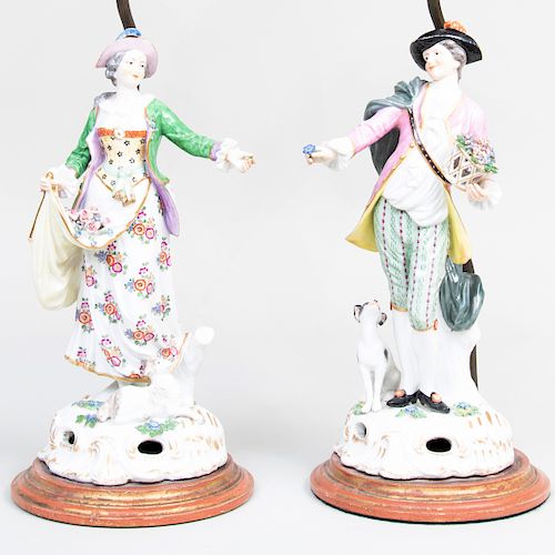 Pair of Large Samson Porcelain Figures of a Gardener and His Companion, Now Mounted as Lamps