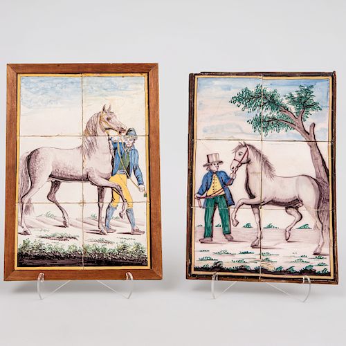 Two Delftware Six Tile Pictures of Figures with Horses