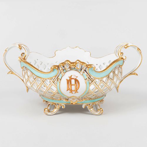 Paris Porcelain Monogrammed and Reticulated Two Handled Bowl