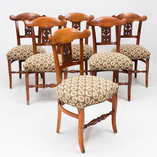 Set of Six Biedermeier Style Stained Fruitwood and Needlework Dining Chairs