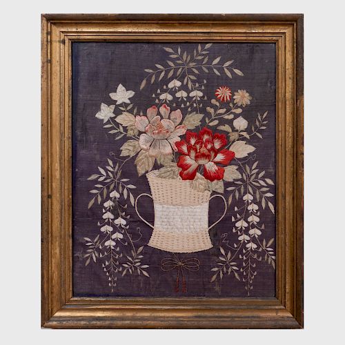 Silk Needlework of a Basket of Flowers, Possibly American