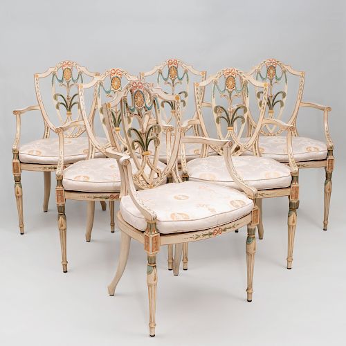 Set of Six George III Style Polychrome Decorated Armchairs, After Seddon & Sons