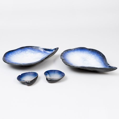 Pair of French Porcelain Oyster Form Plates and a Pair of Condiment Dishes