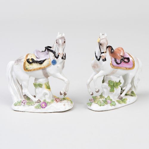 Pair of Meissen Porcelain Models of Saddled Prancing Horses