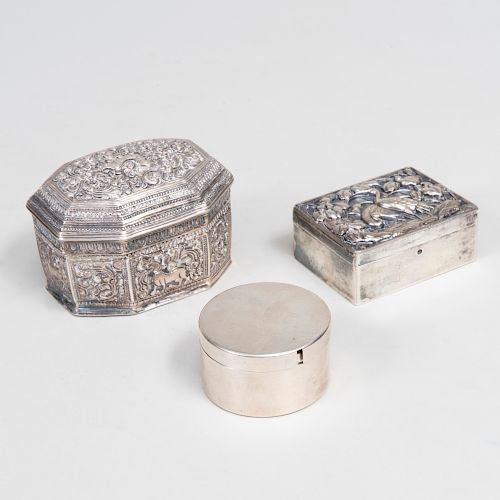 American Silver Stamp Box, a Chinese Export Silver Box, and an Indian Reposse Box