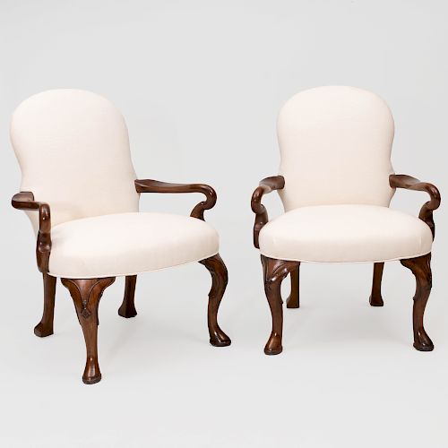Pair of Queen Anne Style Mahogany Shepherd's Crook Armchairs