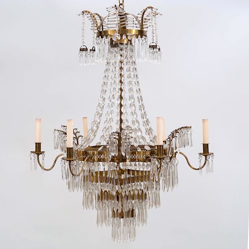 Continental Neoclassical Brass-Mounted and Cut Glass Six Light Chandelier