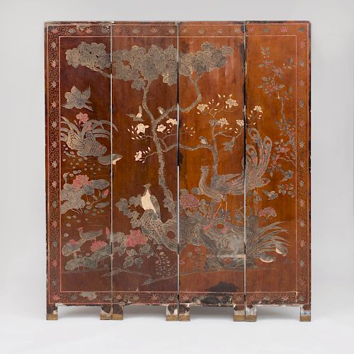 Chinese Four Panel Brown Lacquer Coromandel Screen