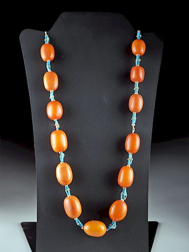 Egyptian Faience Tube & Amber Disc Bead Strand Necklace