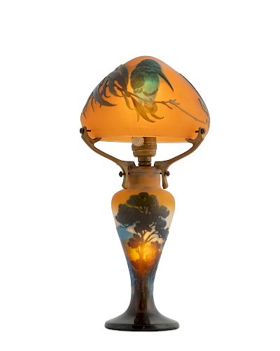 A Galle cameo glass boudoir lamp, hummingbird 