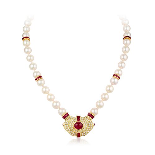 A Cultured Pearl Ruby and Diamond Necklace