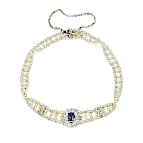 Antique Sapphire Diamond and Seed Pearl Bracelet, French