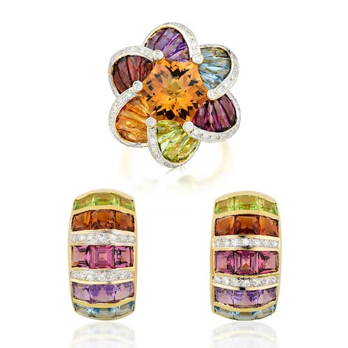 A Multi-Colored Gemstone and Diamond Ring and Earclips