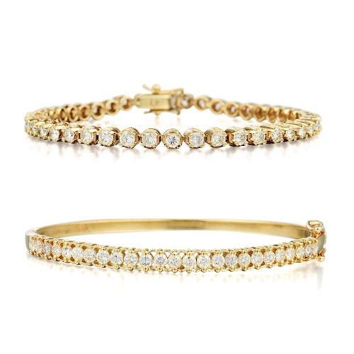 A Gold Diamond Bangle and Tennis Bracelet