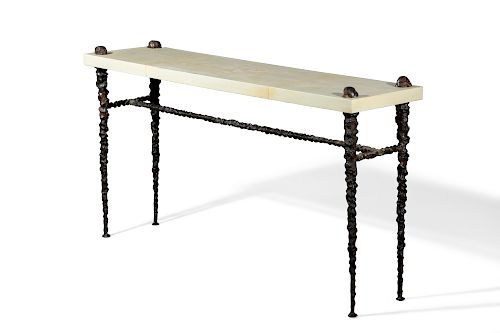 A patinated bronze and vellum console table