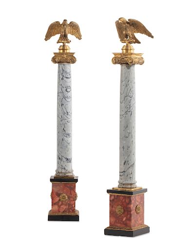 Pair Italian gilt bronze mounted marble columns