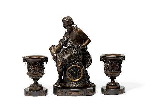French bronze and slate figural clock garniture 