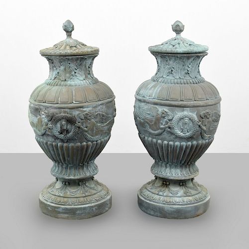 Pair of Monumental Urns, Classical Relief